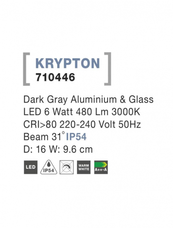 710446  Nova Luce KRYPTON LED 6W 480lm 3000K IP54 Aluminium & Glass Dark Gray Beam 31 degrees [2]