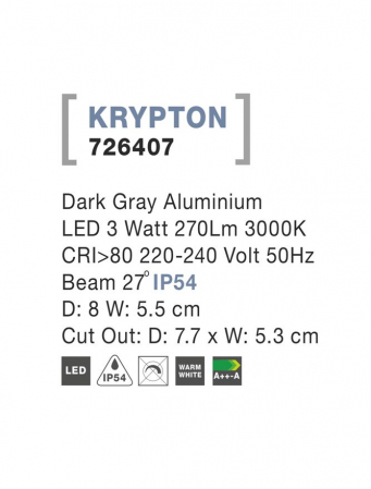 726407  Nova Luce KRYPTON LED 3W 270lm 3000K IP54 Aluminium Dark Gray Beam 27 degrees [2]