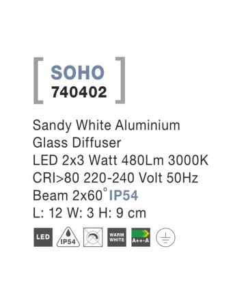 740402 Aplica Nova Luce SOHO LED 2x3W 480lm 3000K IP54 Aluminium Glass Diffuser Sandy White Beam 2x60 degrees [2]