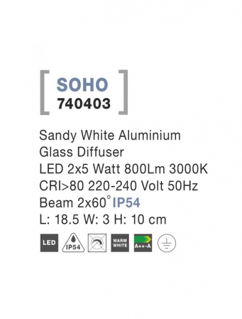 740403 Aplica Nova Luce SOHO LED 2x5W 800lm 3000K IP54 Aluminium Glass Diffuser Sandy White Beam 2x60 degrees [2]