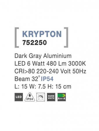 752250  Nova Luce KRYPTON LED 6W 480lm 3000K IP54 Aluminium Dark Gray Beam 32 degrees [2]