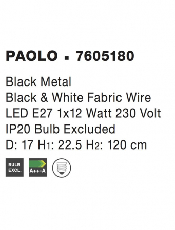 7605180 Pendul Nova Luce PAOLO E27 1x12W Metal & White Fabric Wire Black IP20 [3]
