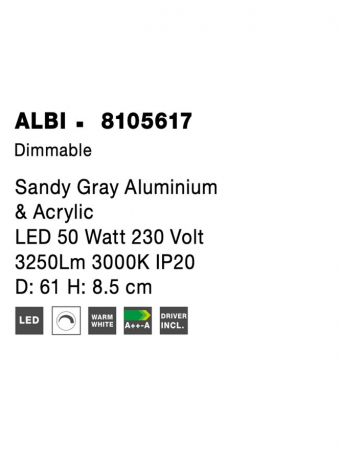 8105617 Plafoniera Nova Luce ALBI LED 50W 2876lm 3000K Aluminium & Acrylic Sandy Gray Dimabil Triac IP20 [7]