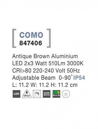 847406 Aplica Nova Luce COMO LED 2x3W 510lm 3000K IP54 Aluminium Antique Brown Adjustable Beam [2]