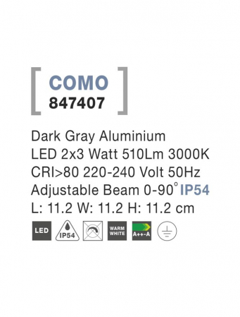 847407 Aplica Nova Luce COMO LED 2x3W 510lm 3000K IP54 Aluminium Dark Gray Adjustable Beam [6]