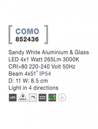 852436 Aplica Nova Luce COMO LED 4X1W 265lm 3000K IP54 Aluminium Glass Diffuser Sandy White Beam 4x51 degrees Light in 4 directions [4]