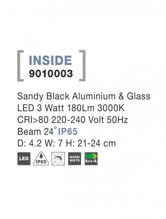 9010003  Nova Luce INSIDE LED 3W 180lm 3000K IP65 Aluminium & Glass Sandy Black Beam 24 degree [2]