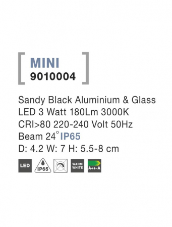 9010004  Nova Luce INSIDE LED 3W 180lm 3000K IP65 Aluminium & Glass Sandy Black Beam 24 degree [2]
