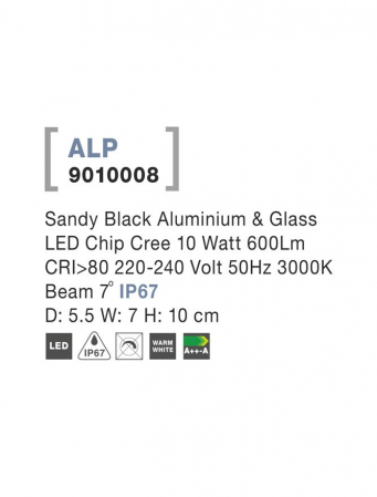 9010008  Nova Luce ALP LED 10W 600lm 3000K IP67 Aluminium & Glass Sandy Black  beam 7 degrees [2]