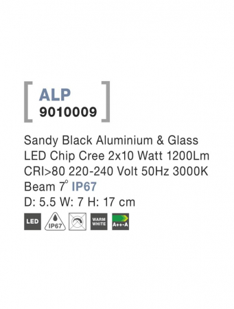 9010009  Nova Luce ALP LED 20W 1200lm 3000K IP67 Aluminium & Glass Sandy Black  beam 7 degrees [3]
