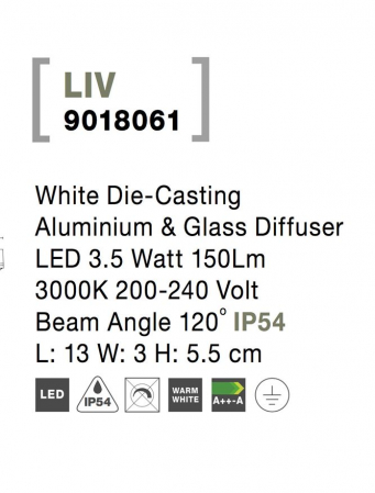 9018061  Nova Luce LIV LED 3,5W 150lm 3000K IP54 Aluminium & Glass Diffuser White Die-Casting Beam 120 degrees [6]