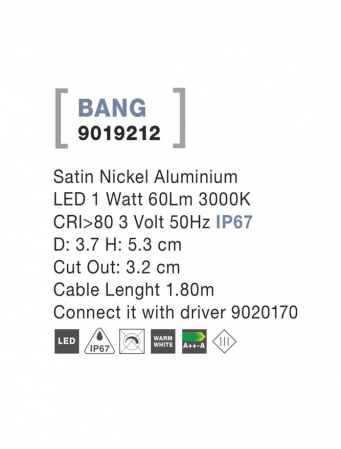 9019212  Nova Luce BANG LED 1W 60lm 3000K IP67 Aluminium Satin Nickel Beam Angle 40 degrees Cable Lenght 1.80m driver 9020170 included [3]