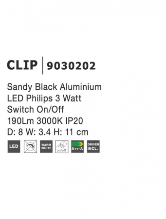 9030202 Aplica Nova Luce CLIP LED 3W 190lm 3000K Aluminium Sandy Black Nedimabil IP20 [6]