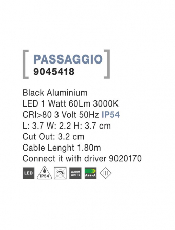 9045418  Nova Luce PASSAGGIO LED 1W 60lm 3000K IP54 Aluminium Black Cable Lenght 1.80m Connect it with driver 9020170 [2]