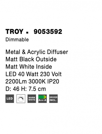 9053592 Plafoniera Nova Luce TROY LED 40W 2200lm 3000K Metal & Acrylic  Matt Black Dimabil Triac IP20 [6]