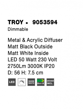 9053594 Plafoniera Nova Luce TROY LED 50W 2750lm 3000K Metal & Acrylic  Matt Black Dimabil Triac IP20 [7]