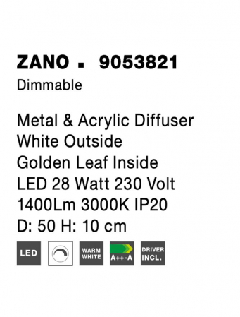 9053821 Plafoniera Nova Luce ZANO LED 28W 1400lm 3000K Metal & Acrylic  Gold Dimabil Triac IP20 [7]
