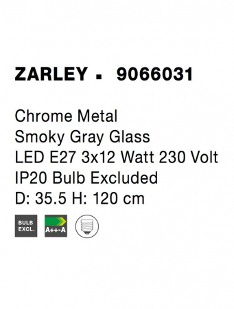 9066031 Lustra Nova Luce ZARLEY E27 3x12W IP20 Metal Smoky Gray Glass Chrome NOVALUCE [5]