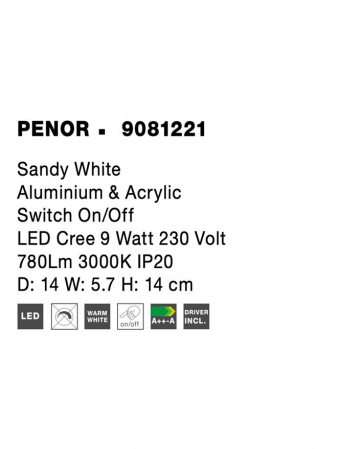 9081221 Aplica Nova Luce PENOR LED 9W 780lm 3000K IP20 Aluminium Acril Sandy White  Switch On/Off [7]