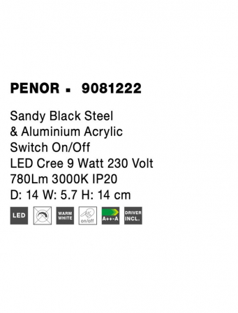 9081222 Aplica Nova Luce PENOR LED 9W 780lm 3000K IP20 Aluminium Acril Sandy Black  Switch On/Off [7]