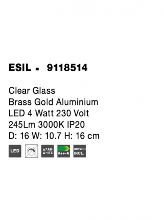 9118514 Aplica Nova Luce ESIL LED 4W 245lm 3000K IP20 Clear Glass Aluminiu Brass Gold [4]