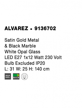 Lampadar Nova Luce ALVAREZ E27 1x12W   Satin Gold Metal & Black Marble White Opal Glass  IP20 [6]