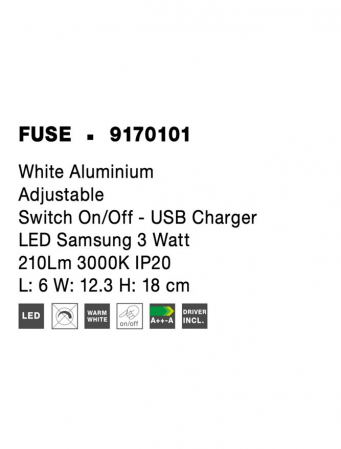 9170101 Aplica Nova Luce FUSE LED 3W 210lm 3000K IP20 Aluminium White USB Charger [7]