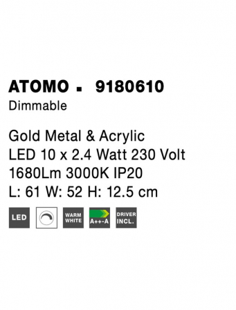 9180610 Plafoniera Nova Luce ATOMO LED 25W 1644lm 3000K Metal & Acrylic Gold Dimabil Triac IP20 [6]