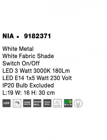 9182371 Aplica Nova Luce NIA LED 1x5W 180lm 3000K Metal & Fabric Shade White Nedimabil IP20 [9]