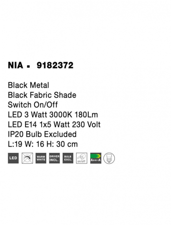 9182372 Aplica Nova Luce NIA LED 1x5W 180lm 3000K Metal & Fabric Shade Black Nedimabil IP20 [6]