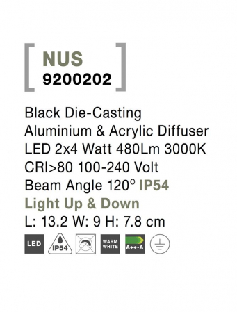 9200202 Aplica Nova Luce NUS LED 2x4W 480lm 3000K IP54 Aluminium & Acrylic Black Die-Casting CRI>80 Beam Angle 120° Light Up & Down [6]