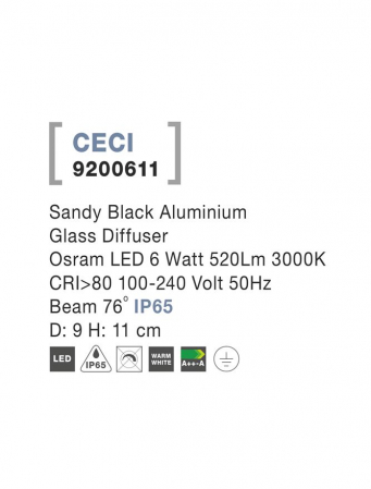 9200611 Spot Aplicat Nova Luce CECI LED 6W 520lm 3000K IP65 Aluminium Glass Diffuser Sandy Black Beam 76 degrees [2]