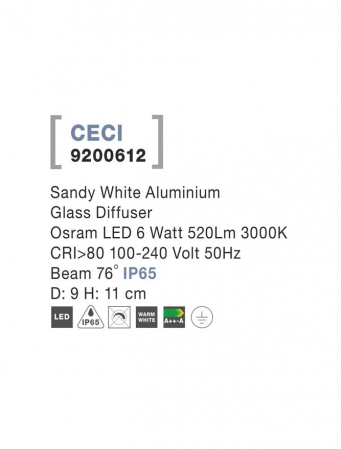 9200612 Spot Aplicat Nova Luce CECI LED 6W 520lm 3000K IP65 Aluminium Glass Diffuser Sandy White Beam 76 degrees [2]