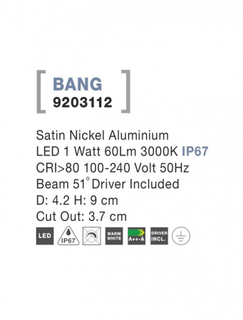 9203112  Nova Luce BANG LED 1W 60lm 3000K IP67 Aluminium Satin Nickel Beam Angle 51 degrees driver included [8]