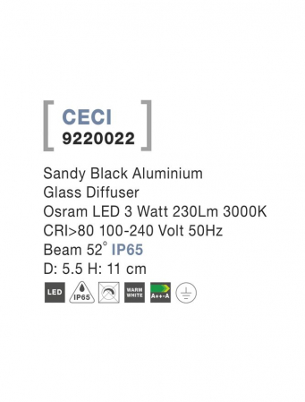 9220022 Spot Aplicat Nova Luce CECI LED 3W 230lm 3000K IP65 Aluminium Glass Diffuser Sandy Black Beam 52 degrees [2]