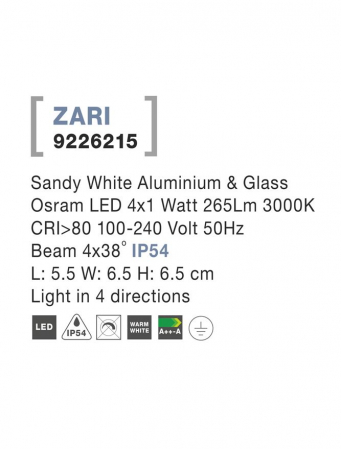 9226215 Aplica Nova Luce ZARI LED 4X1W 265lm 3000K IP54 Aluminium Glass Diffuser Sandy White Beam 4x38 degrees Light in 4 directions [2]