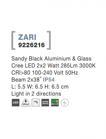 9226216 Aplica Nova Luce ZARI LED 2X2W 285lm 3000K IP54 Aluminium Glass Diffuser Sandy Black Beam 2x38 degrees Light in 2 directions [2]