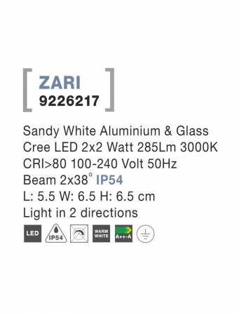 9226217 Aplica Nova Luce ZARI LED 2X2W 285lm 3000K IP54 Aluminium Glass Diffuser Sandy White Beam 2x38 degrees Light in 2 directions [3]