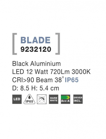 9232120 Spot Incastrat Fix Nova Luce BLADE LED 12W 720lm 3000K IP65 Aluminium Black CRI>90 Beam 38° [3]