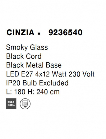 9236540 Lustra Nova Luce CINZIA E27 4x12W   Metal Smoky Glass Black Cord  IP20 [8]