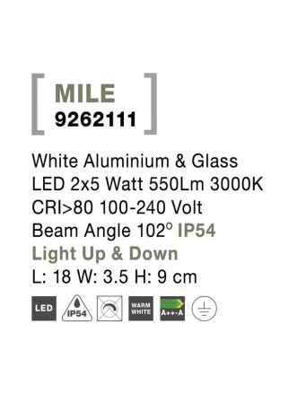 9262111 Aplica Nova Luce MILE LED 2X5W 550lm 3000K IP54 Aluminium Glass Diffuser White CRI>80 Beam Angle 102° Light Up & Down [6]