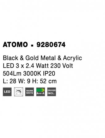 9280674 Veioza Nova Luce ATOMO LED 9W 609lm 3000K Metal & Acrylic  Black & Gold Nedimabil IP20 [6]