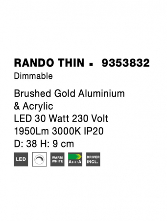 9353832 Plafoniera Nova Luce RANDO THIN LED 30W 1845lm 3000K Aluminium & Acrylic Brushed Gold Dimabil Triac IP20 [7]