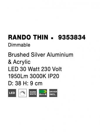 9353834 Plafoniera Nova Luce RANDO THIN LED 30W 1845lm 3000K Aluminium & Acrylic Brushed Silver Dimabil Triac IP20 [6]