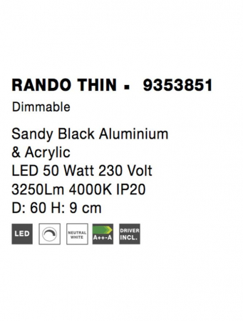 9353851 Plafoniera Nova Luce RANDO THIN LED 50W 2864lm 4000K Aluminium & Acrylic Sandy Black Dimabil Triac IP20 [5]