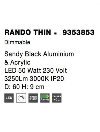 9353853 Plafoniera Nova Luce RANDO THIN LED 50W 2864lm 3000K Aluminium & Acrylic Sandy Black Dimabil Triac IP20 [5]