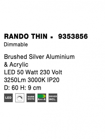 9353856 Plafoniera Nova Luce RANDO THIN LED 50W 2864lm 3000K Aluminium & Acrylic Brushed Silver Dimabil Triac IP20 [8]