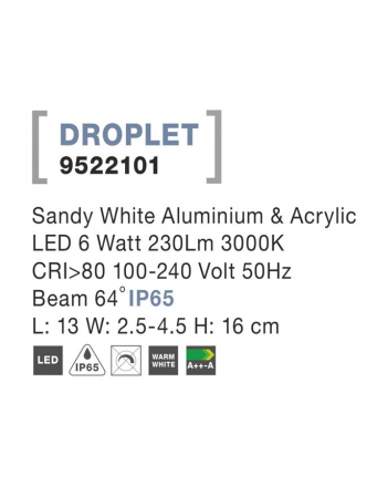 9522101 Aplica Nova Luce DROPLET LED 6W 230lm 3000K IP65 Aluminium & Acrylic Sandy White Beam 64 degrees [2]