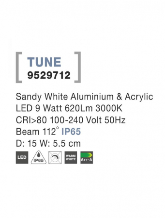 9529712 Aplica Nova Luce TUNE LED 9W 620lm 3000K IP65 Aluminium & Acrylic Sandy White Beam 112 degrees [2]