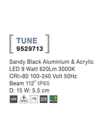 9529713 Aplica Nova Luce TUNE LED 9W 620lm 3000K IP65 Aluminium & Acrylic Sandy Black Beam 112 degrees [2]